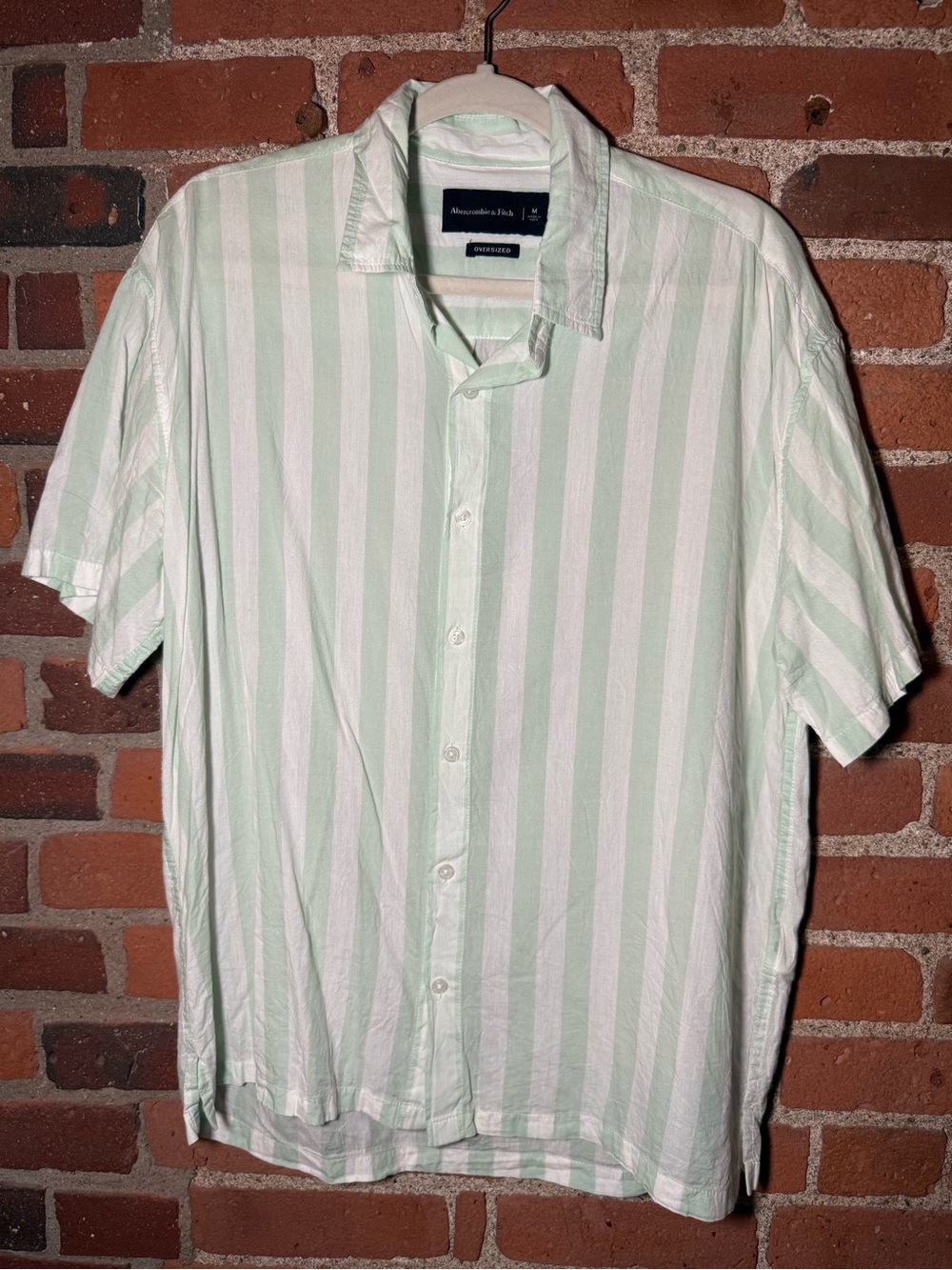 Abercrombie & Fitch Light Green and White Vertical Stripe Short-Sleeve Shirt
